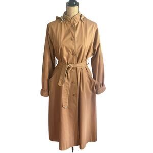 London Fog Taupe Trench Coat Hooded Belted Zip-Out Liner M/L Vintage Outerwear